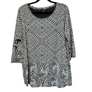 Lucky Brand 2X Paisley Modal Top Black White Boho Chic 3/4 Sleeve Blouse